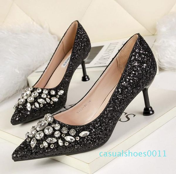 

glitter prom shoes red silver gold pointed kitten heel pumps bridal wedding shoes luxury women designer shoes size 34 to 40 11c, Black