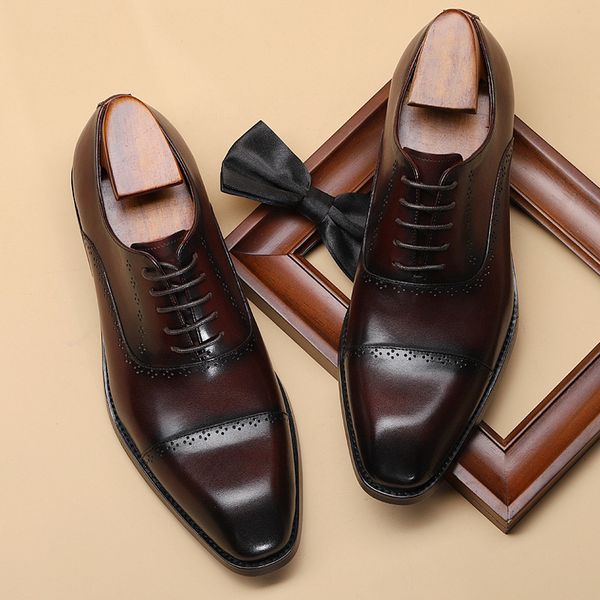 

mens formal shoes leather oxford shoes for men dressing wedding men's brogues office lace up male zapatos de hombre, Black