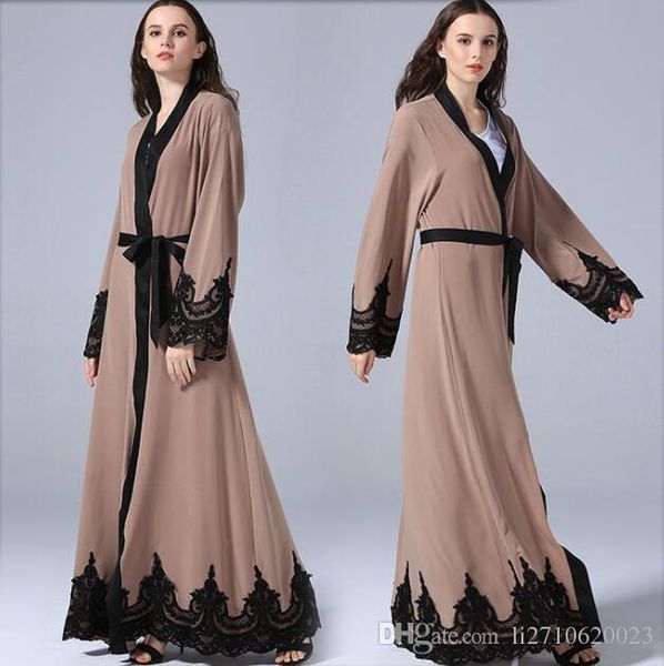 

casual muslim abaya embroidery lace dress cardigan islamic thobe clothing middle east long robe gowns kimono jubah loose style, Black;gray