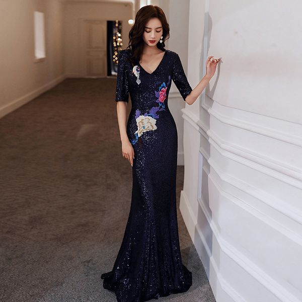 

v-образным вырезом блестки русалка вечернее платье половина рукава вышивка аппликация формальные длинные вечерние платья 2020, White;black