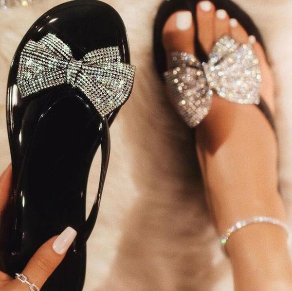 

summer new women's pinch bow flash drill sandals /slippers women's fashion classic wild rhinestone flip-flops slipper shoes, Black