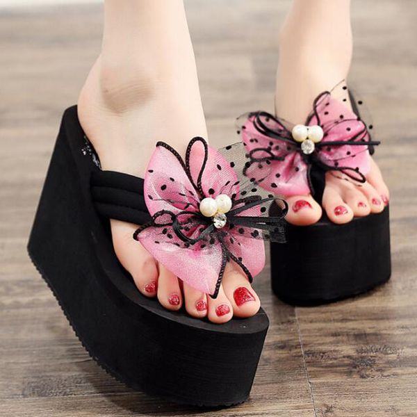 

woman platform sandals increased 12cm slope with waterproof sandals and slipper slip female bow-knot flip-flops woman shoes s154, Black