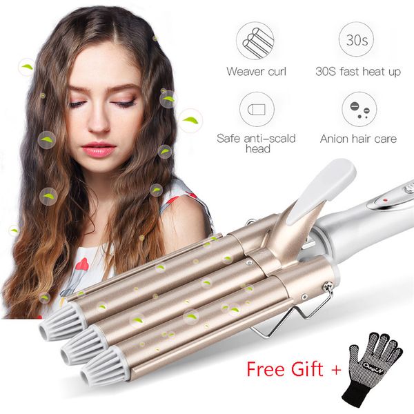 

professional 110-220v hair curling iron wave wand ceramic triple barrel hair curler roller corrugation hair waver styling tools