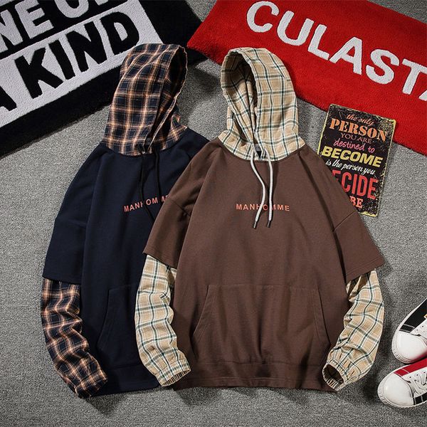 

поддельные две пьесы lattice человек hoodies большие размеры печатных мужская толстовки синий коричневый м-5xl мужские толстовки с капюшоном, Black