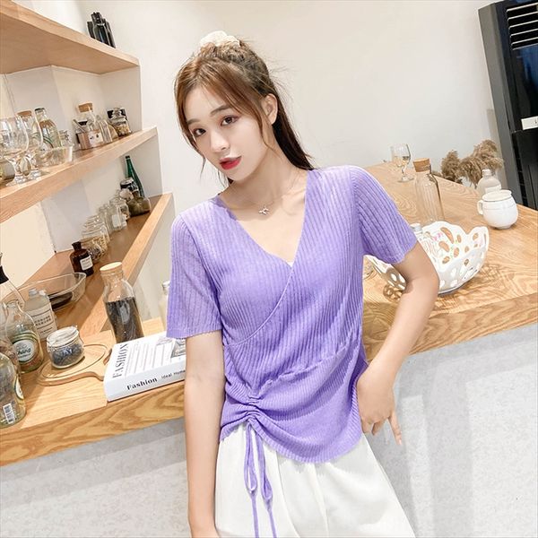 

women's drawstring versatile short-sleeved loose knitted t-shirt v-neck 2020 duan xiu 6011 women's drawstring versatile short-slee, White