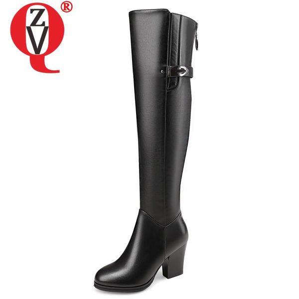 

zvq woman shoes winter new fashion round toe genuine leather metal decortaion high boots outside super high heels zipper shoes, Black