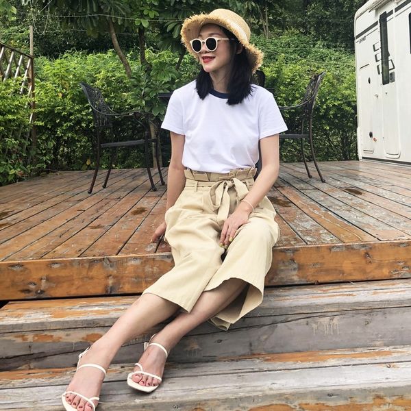 

женская мода бренд тонкий круглый воротник сплошной цвет футболки простой slim женщин короткий рукав хлопок футболки хлопок, White