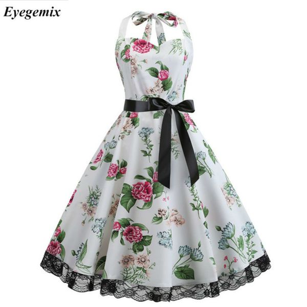 

lace patchwork halter dress women summer floral print vintage dresses pinup robe elegant party midi dress plus size vestido, Black;gray