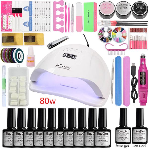 

nail art set 36/80w uv led gel lamp for nail manicure set 10pcs gel polish varnish extension polygel tools kit for manicure