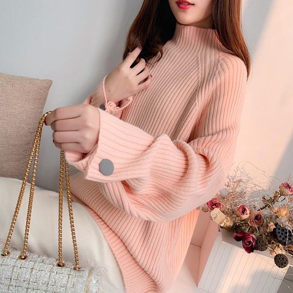 

harajuku women solid turtleneck sweater button design sweet knitted jumper korean soft loose long sleeve knitwear, White;black