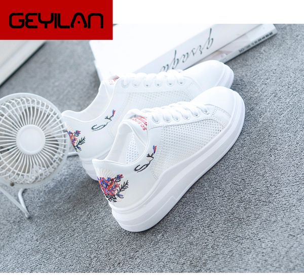 

women flat mesh vulcanized summer ladies embroidered lace up walking white shoes female fashion breathable casual footwear 785, Black