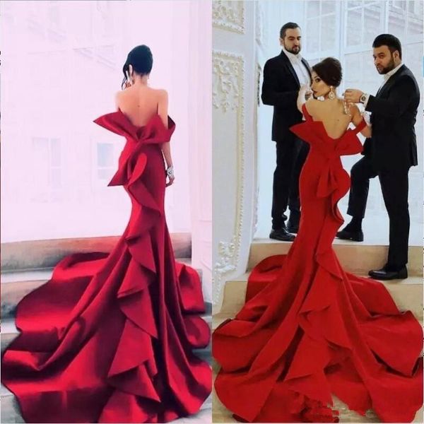 

red back prom dresses big bow ruffles tiered satin party dress long train off the shoulder mermaid evening gowns robe de soiree, Black;red