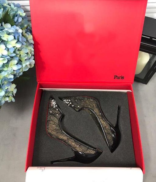 

new arrival red bottom for womens lace slingbacks handmade classic high heel design rivet sandals shoes size 35-41, Black