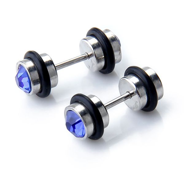 

2 x mens earring ear stud stainless steel w/ blue crystal, Golden