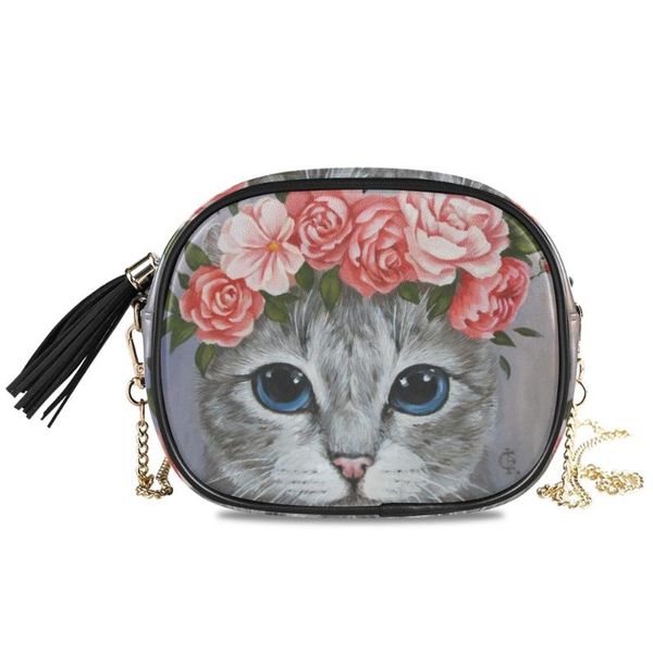 

alaza мешка цепь сумка для женщин сумки маленькой crossbody cat в напечатанных цветах симпатичной мяу pu сумок кожи messenger