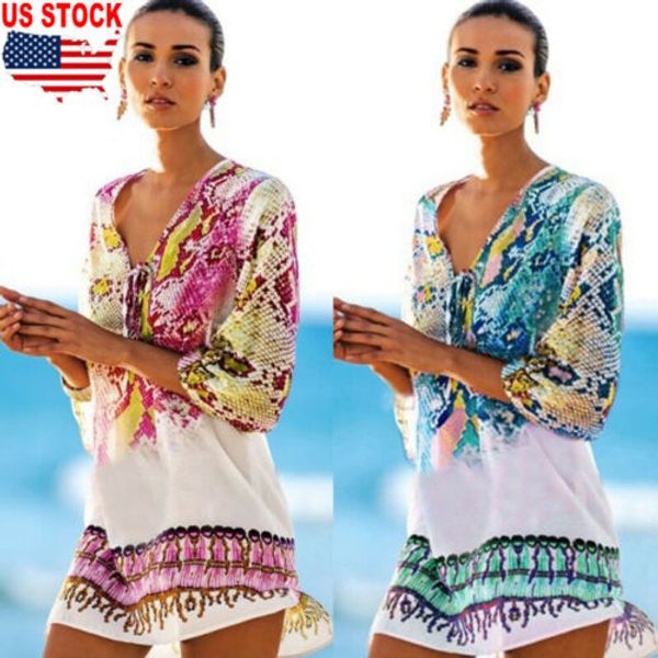 

2019 women long sleeve loose beachwaer bikini cover up snake pattern beach mini dress cardigan chiffon swimwear, Blue;gray