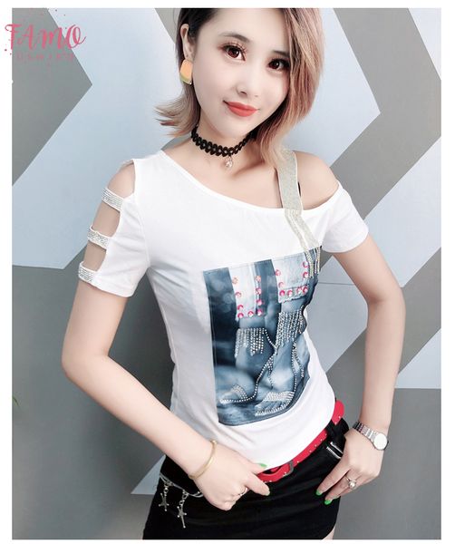 

sexy плеча выдалбливают diamonds печать тенниску 2019 новое лето женщин с коротким рукавом рубашки верхней одежды camiseta mujer t96711, White