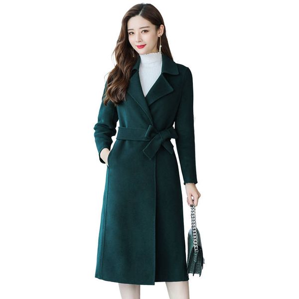

2019 new winter women wool coat female double-sided cashmere jackets causal adjustable waist belt long slim woolen overcoat x33, Black