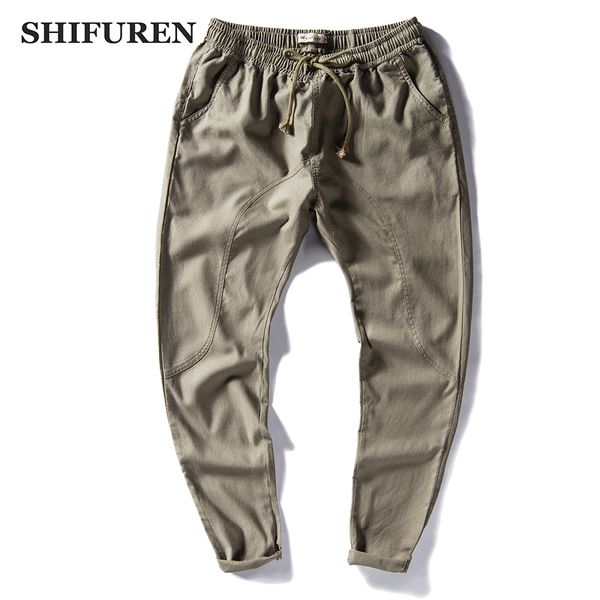 

shifuren 2018 spring casual harem pants men soft breathable causal linen cotton pants elastic waistband ankle-length trousers, Black