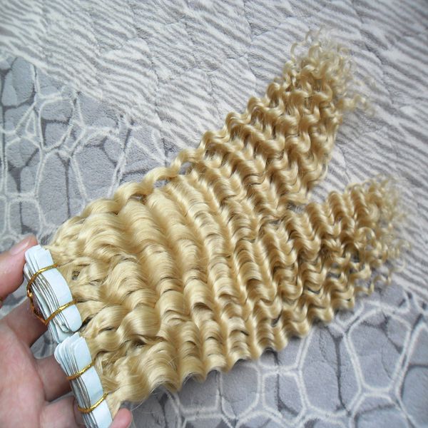 #613 Bleach Blonde Virgin Peruanisches Haar 200g Deep Wave Tape In Human Hair Extensions Günstige 80 PCS PU Skin Weft Curly Tape Hair Extensions