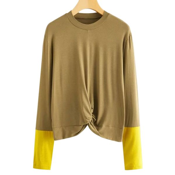 

european and american style 2020 early spring new women's stitching round neck kink long sleeve knitted t-shirt, White