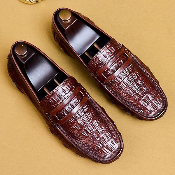 

ocs design genuine leather alligator pattern men's driving shoes round toe slip on comfortable casual flat loafers as143, Black