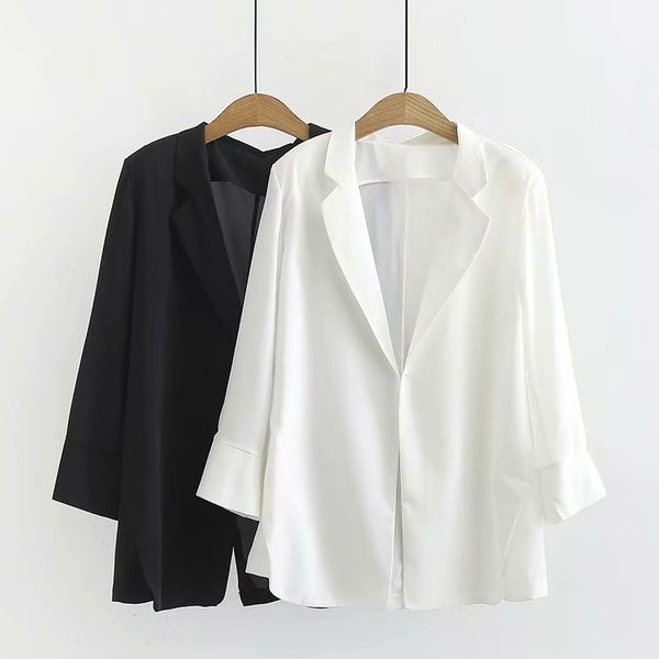 

new summer clothes women's chiffon blazer korean solid loose seven-point sleeve office suit oversized women jacket basic coats, White;black