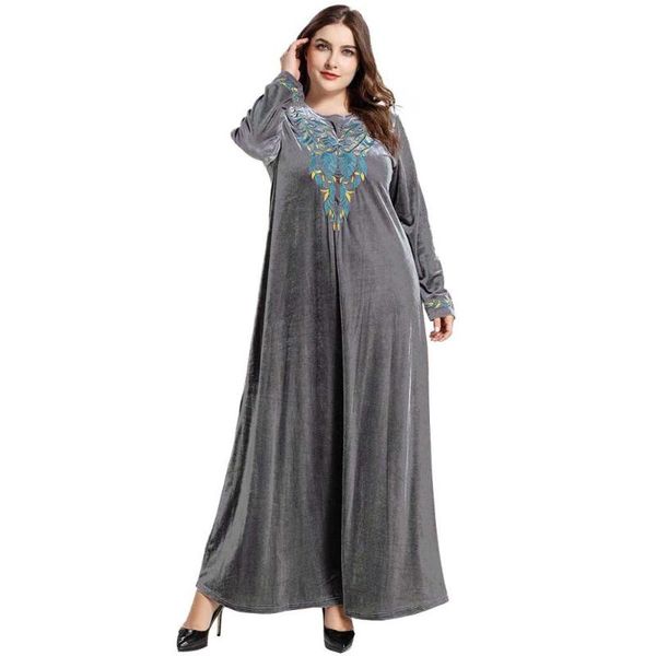 

ethnic clothing arabic dress women long sleeve floral embroidery a line maxi dresses vestidos velvet black robe abaya grey plus size, Red
