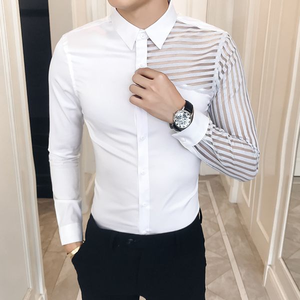 

slim fit рубашка мужчины сексуальная полые кружева пэчворк с длинным рукавом рубашки выпускного вечера платье смокинг 3xl- мода мужская оде, White;black