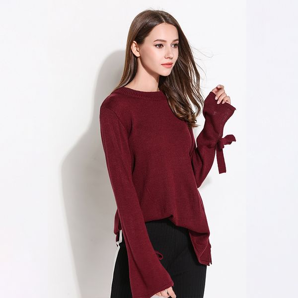 

autumn knitted sweaters women loose pullovers o-neck bow long sleeve ladies casual solid clothing, White;black