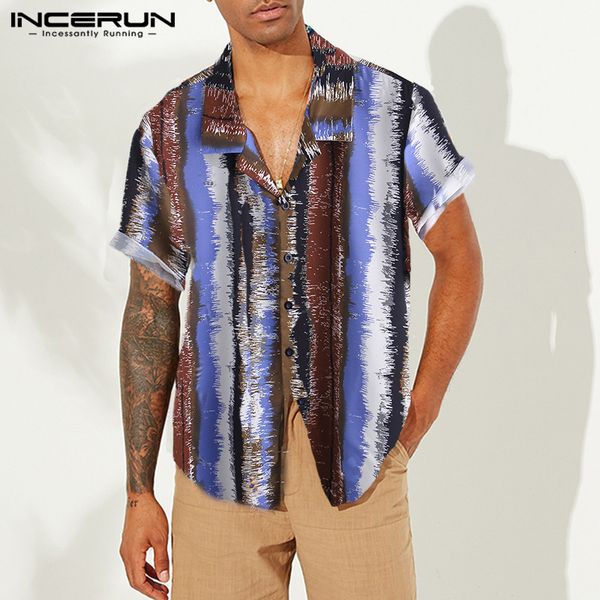

2020 fashion men hawaiian shirt striped printed streetwear short sleeve chic lapel casual summer breathable camisa incerun, White;black