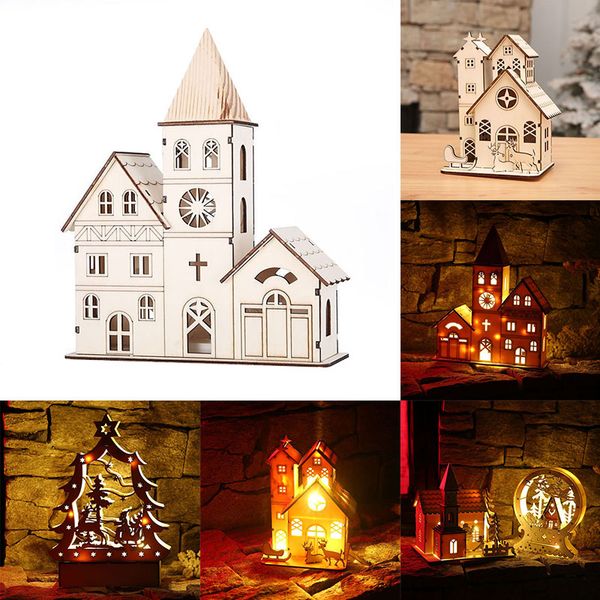 

led christmas church glowing ornaments mini light wooden house new year woody tablemulti pattern cute