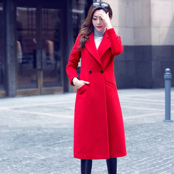

fashion solid women long woolen coat double breasted office lady women's jacket slim cashmere coat and jacket, Black