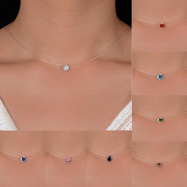 

women's fashion zircon necklace and invisible transparent fishing line simple pendant necklace for women wedding jewelry, Silver
