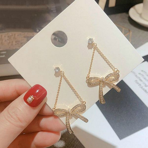 

women fashion bowknot earrings sweet crystal gem chain pendant gold earring exquisite girl party birthday jewelry gift, Golden;silver