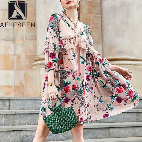 

casual dresses aeleseen runway fashion silk dress 2021 spring summer ruffles floral print mesh patchwork mini loose princess vestidos, Black;gray
