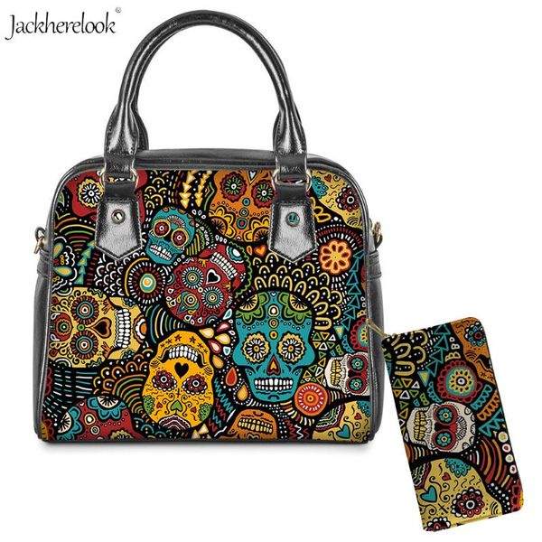 

jackherelook 2pcs/set sugar skull print shoulder messenger crossbody bag and wallet pu leather handle bags & purse for women