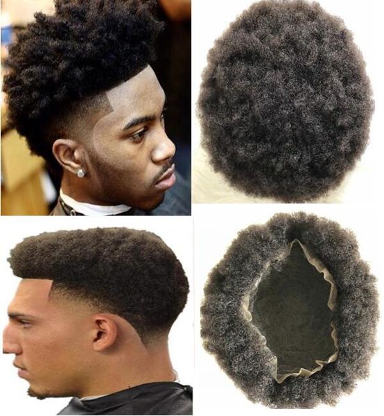 Afro Kinky Curl Male Unit 10A Indian Virgin Human Hair Ersatz Herren Haarteile Vollspitze Toupet Braun Schwarz Farbe #1b für Männer