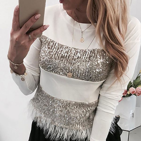 

spring sequin t-shirt long sleeve tee shirts women autumn o neck glitter long sleeve tshirt fashion feather t shirt sj5359v, White