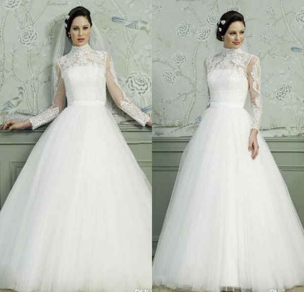 Acheter 2019 Col Haut Manches Longues Robes De Mariée Musulmanes Modestes Dentelle Appliques Robes De Mariée Tulle Jupe Longue Robes De Mariee Avec