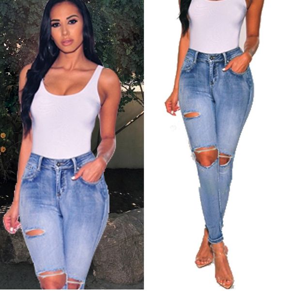 

womens jeans skin tight blue jeans washed hole denim pants ready to ship women high street model jeans