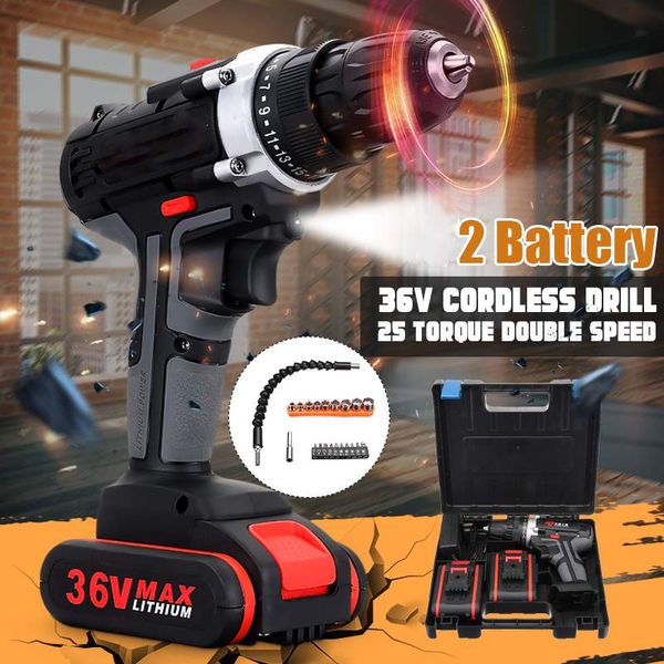 

36v cordless electric screwdriver with 2 battery screwdriver rechargeable drill power tools electric torque drill