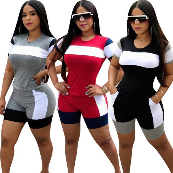 

women tracksuit summer two piece set short sleeve t-shirt+shorts panelled sports suit crew neck outfits fashion jogging suit 3052, Gray