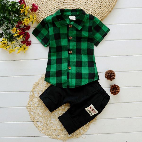 

kids boys summer cloting set children boys fashion plaid shirt+shorts 2pcs little casual clothes suit 2-5y, White