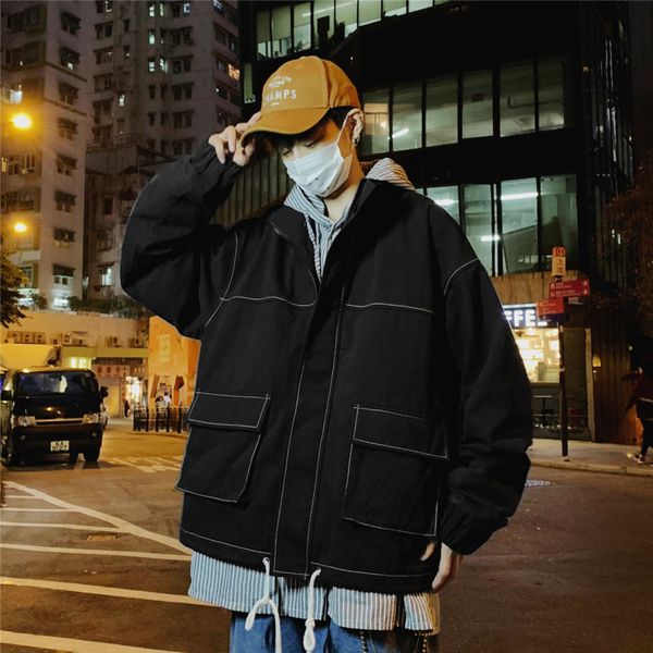 

2019 spring new japanese college wind men's casual long-sleeved trend hip-hop lovers tooling multi-pocket jacket large size, Black;brown