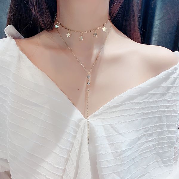 

long tassel crystal choker necklaces for women bijoux star pendant chain necklaces statement jewelry party gifts, Golden;silver