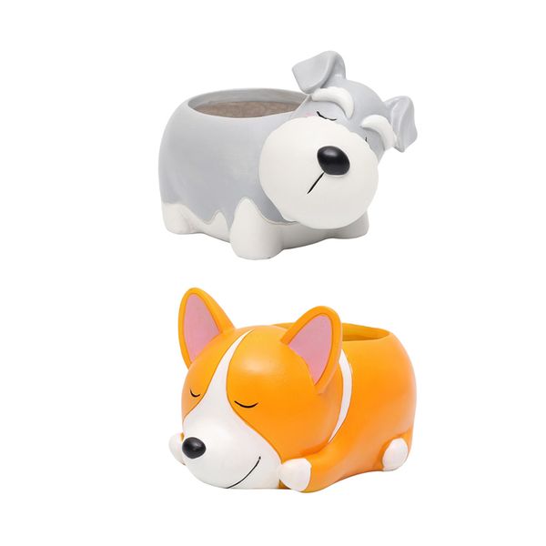 

2pcs cartoon dog animal succulent cactus plant pot, resin flower pot container planter, perfect for home decoration, corgi & schnauzer