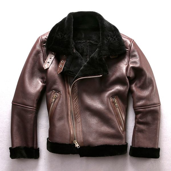 

2018 new men fur pilot jacket b3 flight jackets cold winter shearling wool liner sheepskin bomber coat winer russia coats, Black