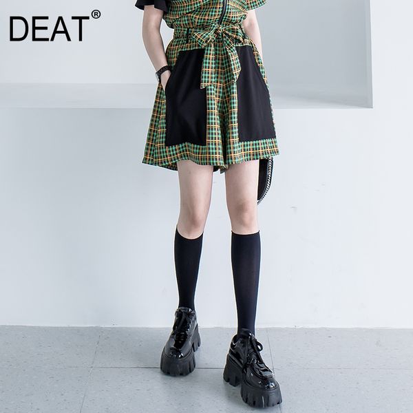 

deat] women hit color plaid splcied wide leg shorts new high waist loose fit trousers fashion tide spring autumn 2020 13p928, White;black