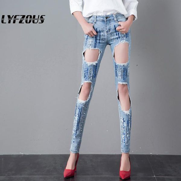 

women skinny denim trousers high waist sequins jeans knee holes pencil pants trousers stretch ripped frayed female jeans legging, Blue
